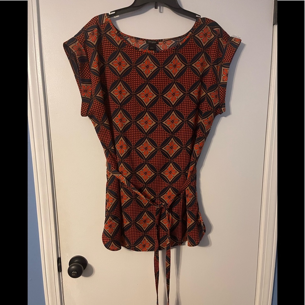 Ann Taylor Navy/Orange/Tan Blouse with Tie